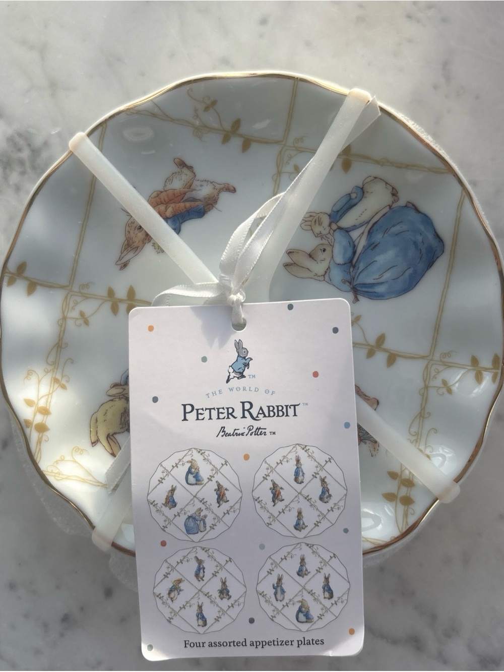 Beatrix Potter Peter Rabbit Porcelain Appetizer Plates White with Blue & Gold